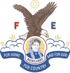 Eagle emblem with patriotic motto and figure.